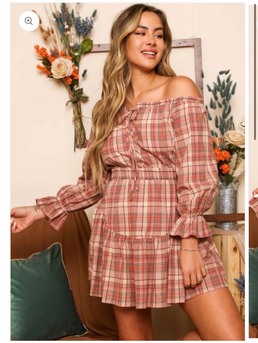 Off-Shoulder Pink Plaid Ruffle Tiered Dress western